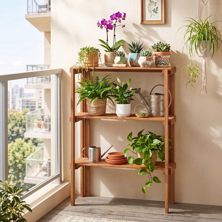 Giantex 3-Tier Foldable Solid Wood Indoor Outdoor Flower Pot Display Rack