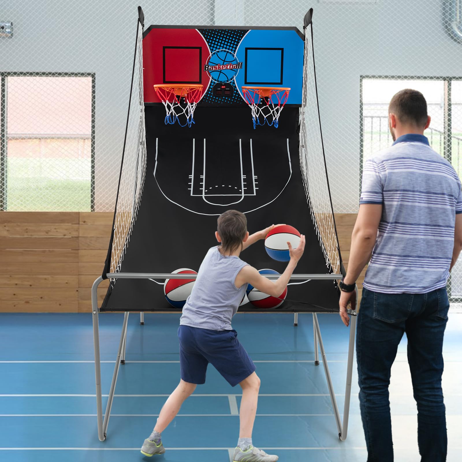 Giantex Folding Basketball Arcade Game, Dual Shot Electronic Basketball Hoop Arcade Game with 8 Game Modes