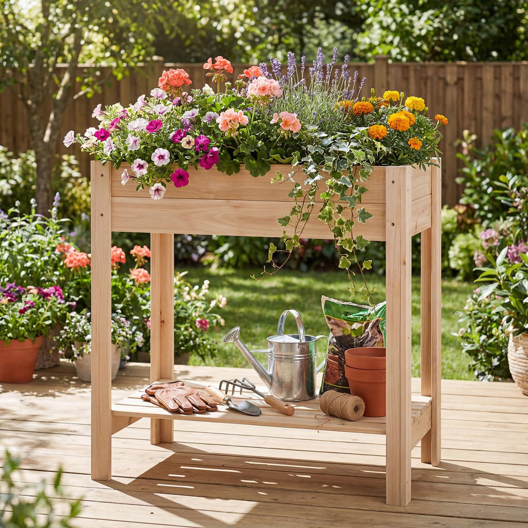 Giantex Wood Raised Garden Bed w/Lower Shelf