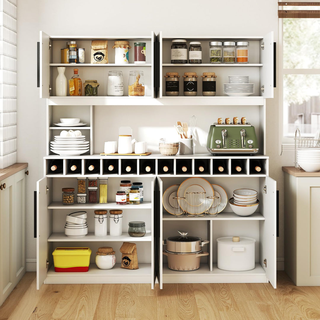 70 Inch Farmhouse Pantry Cabinet Kitchen Buffet Hutch with 4 Cabinets and 2 Open Shelves