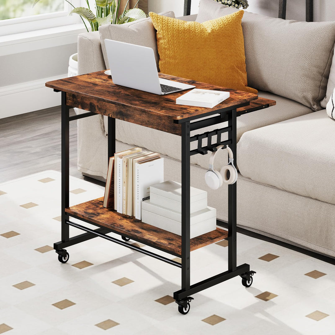 Giantex Mobile Computer Desk, Rolling Writing Desk with Keyboard Tray, Shelf & 3 Hanging Hooks, Rustic Brown & Black