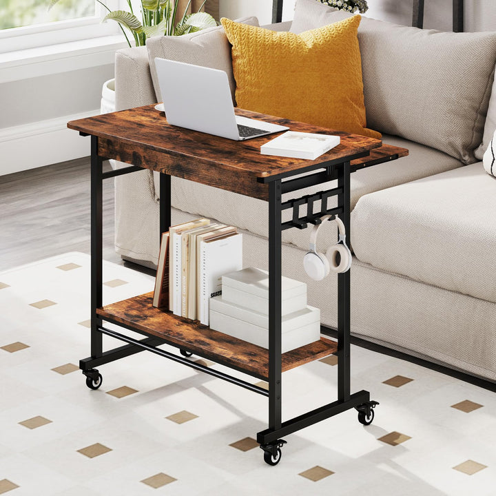 Giantex Mobile Computer Desk, Rolling Writing Desk with Keyboard Tray, Shelf & 3 Hanging Hooks, Rustic Brown & Black