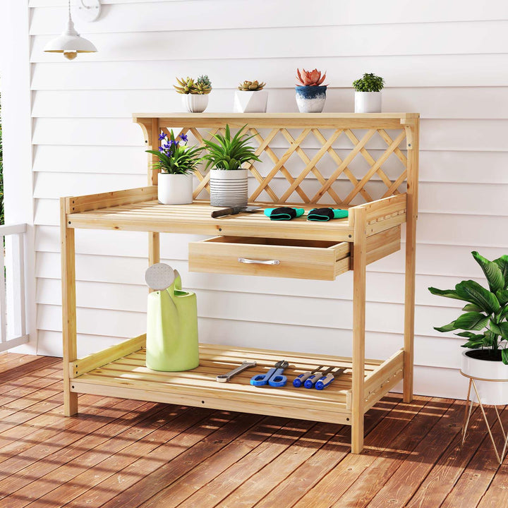 Giantex Wood Potting Table with 3 Tier Shelves