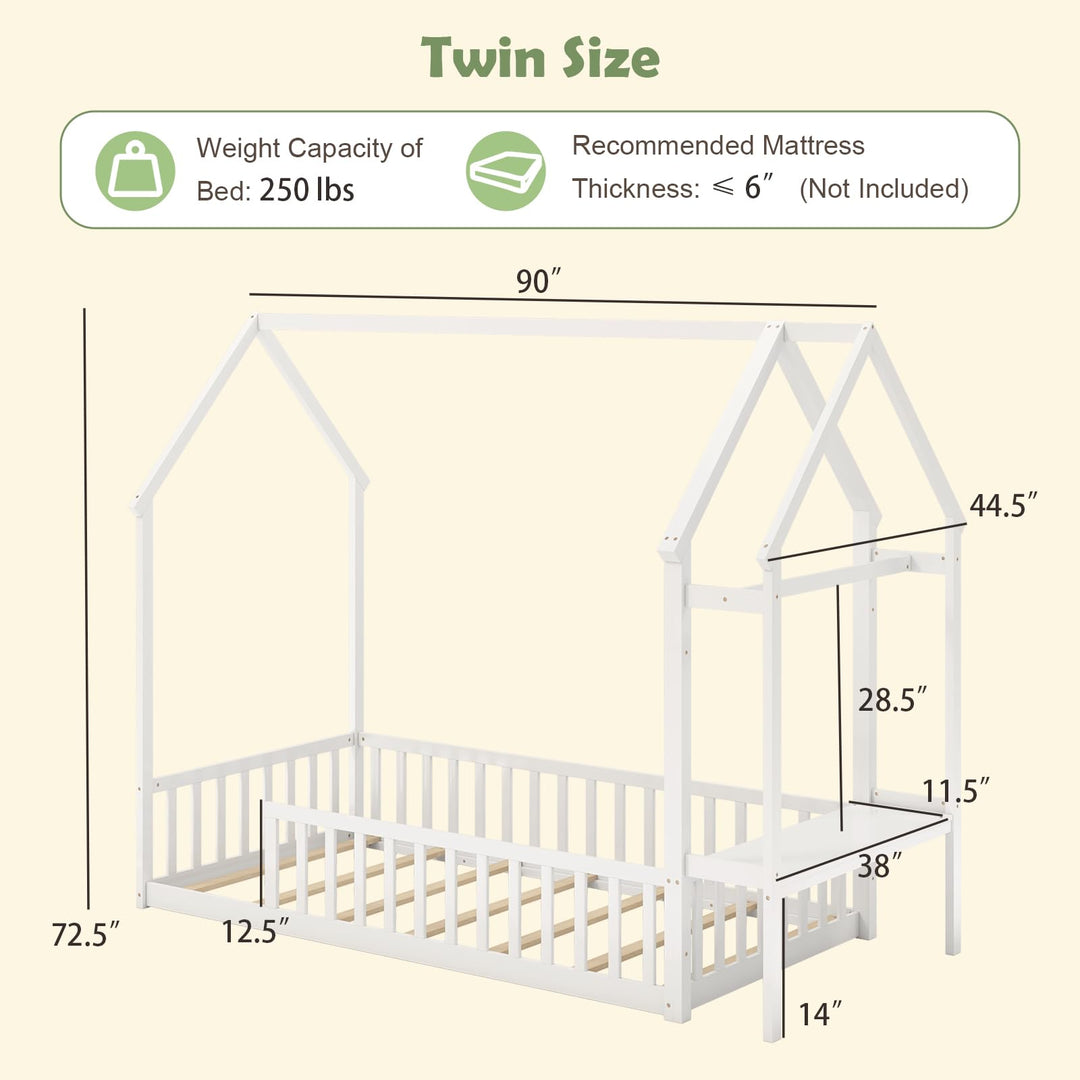 Giantex Twin House Floor Bed, Solid Wood Montessori Floor Bed with Detachable Storage Shelf & Clothes Hanger