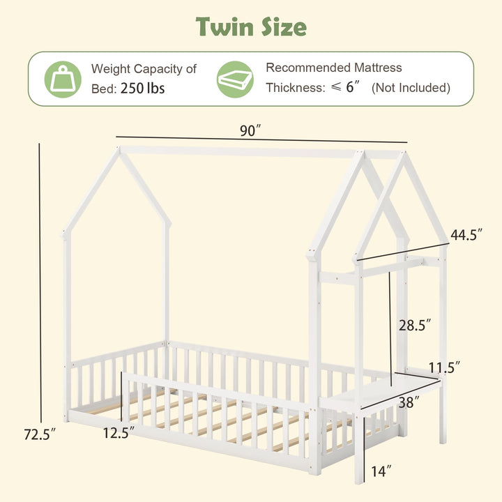 Giantex Twin House Floor Bed, Solid Wood Montessori Floor Bed with Detachable Storage Shelf & Clothes Hanger