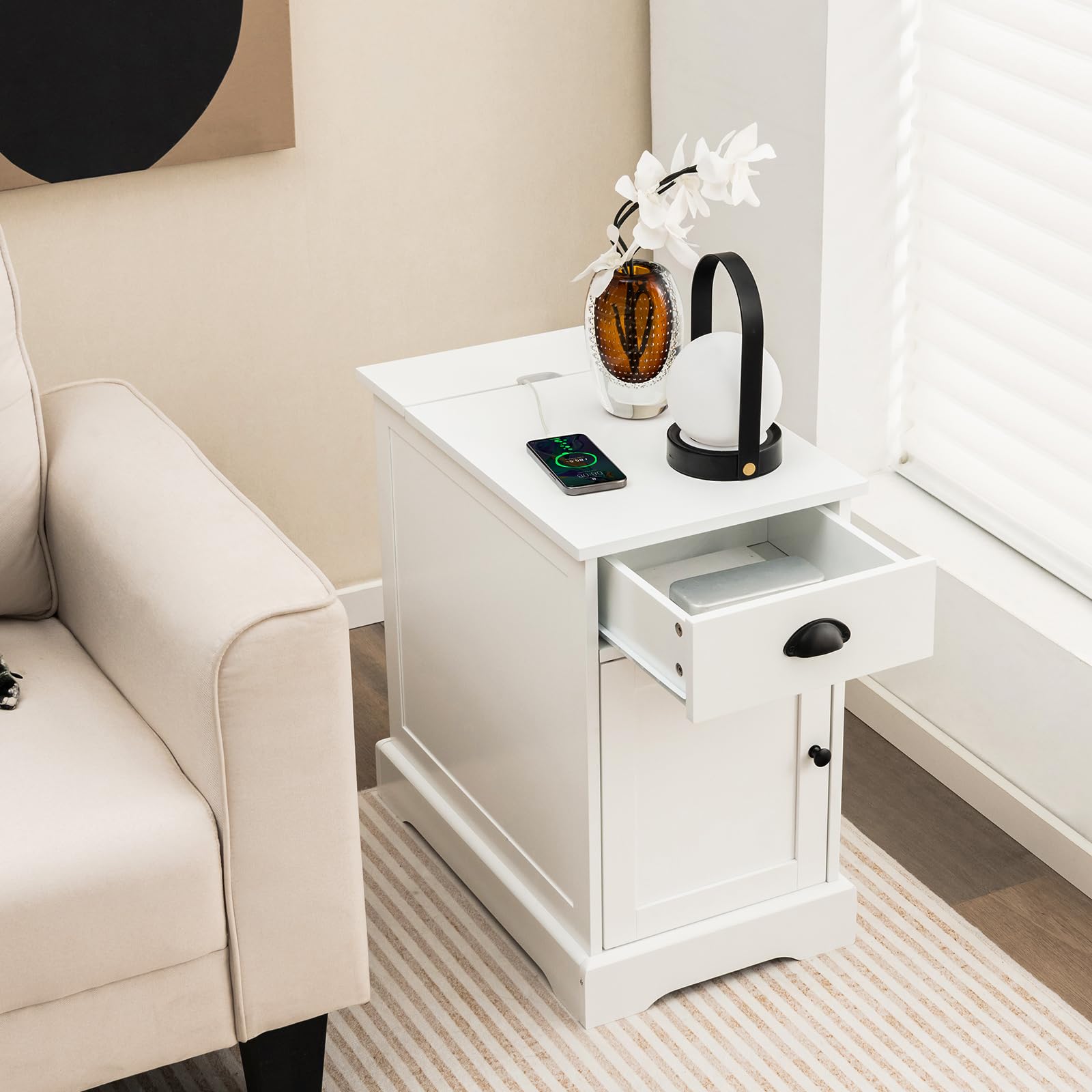 Giantex End Table with Charging Station Set of 2, Flip Top Side Table with USB Ports and Outlets, White