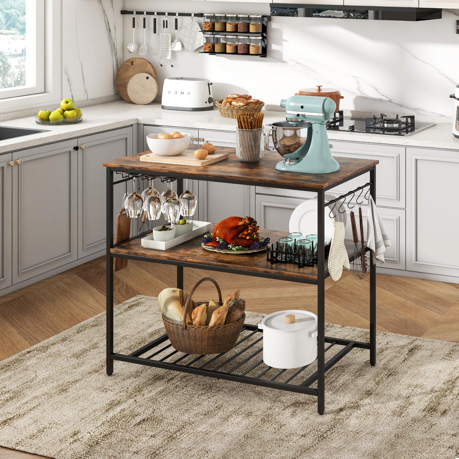 Giantex Kitchen Baker Rack with 3 Tier Storage Shelves, 10 Hooks, Glass Holder, 40" Stationary Island with Spacious Worktop