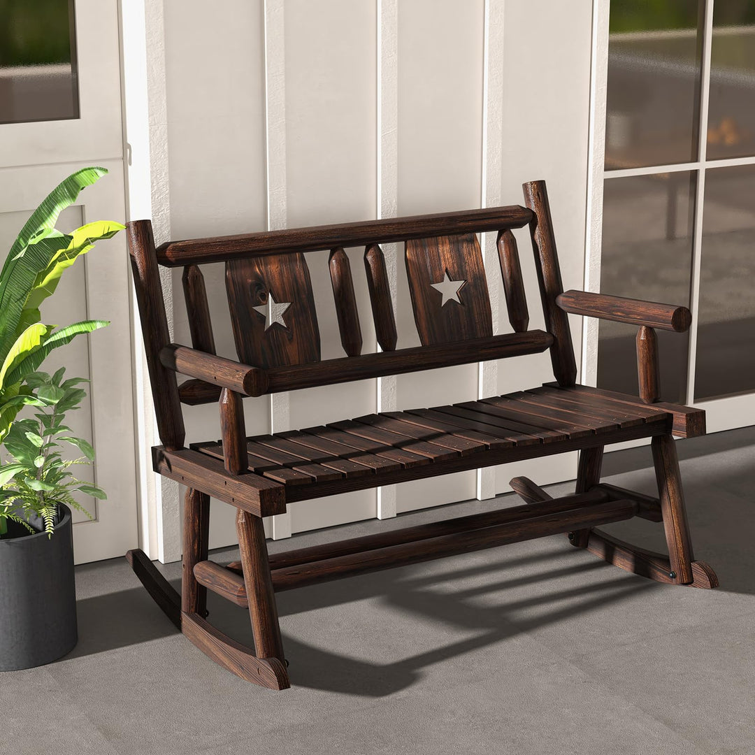Giantex Outdoor Rocking Bench, Patio Loveseat Rocker for 2 w/Ergonomic Back & Log Arms, Carbonized Fir Wood Frame