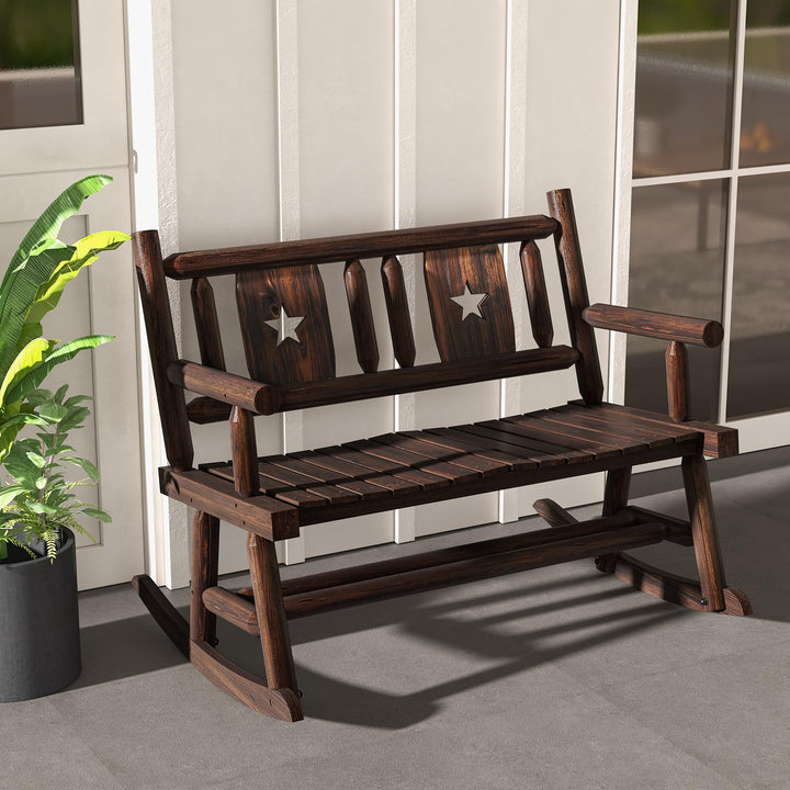 Giantex Outdoor Rocking Bench, Patio Loveseat Rocker for 2 w/Ergonomic Back & Log Arms, Carbonized Fir Wood Frame