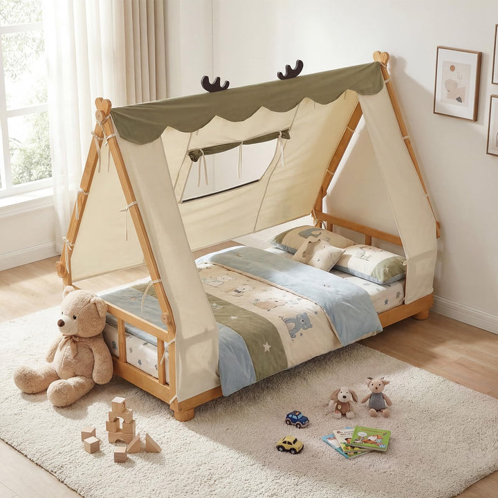 Giantex Twin Size House Floor Wood Bed with Tent