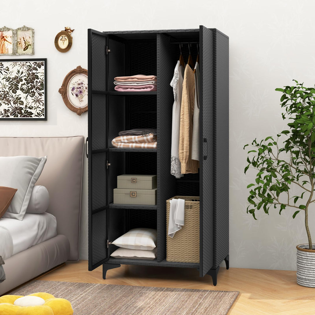 Giantex Wicker Storage Cabinet, 62” Tall Pantry Cabinet with 2 Doors, Hanging Rod, 4 Storage Cubes