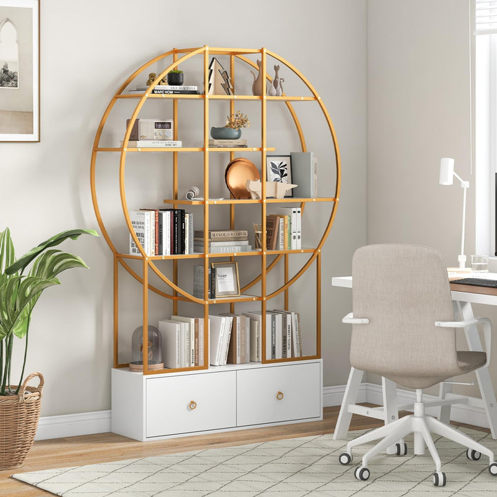 Giantex 6-Tier Round Bookshelf with 2 Drawers
