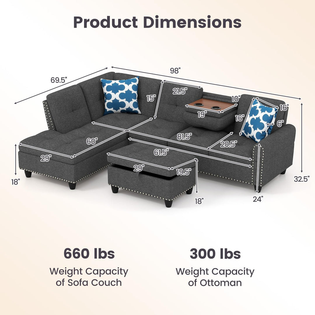 Giantex 98 Inches Sectional Sofa Couch with Movable Storage Ottoman and Linen Fabric Backs