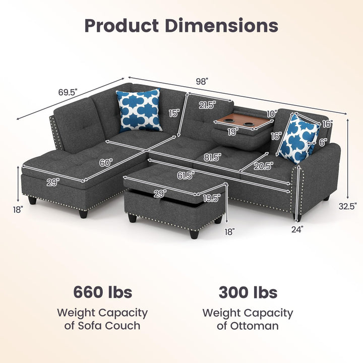 Giantex 98 Inches Sectional Sofa Couch with Movable Storage Ottoman and Linen Fabric Backs