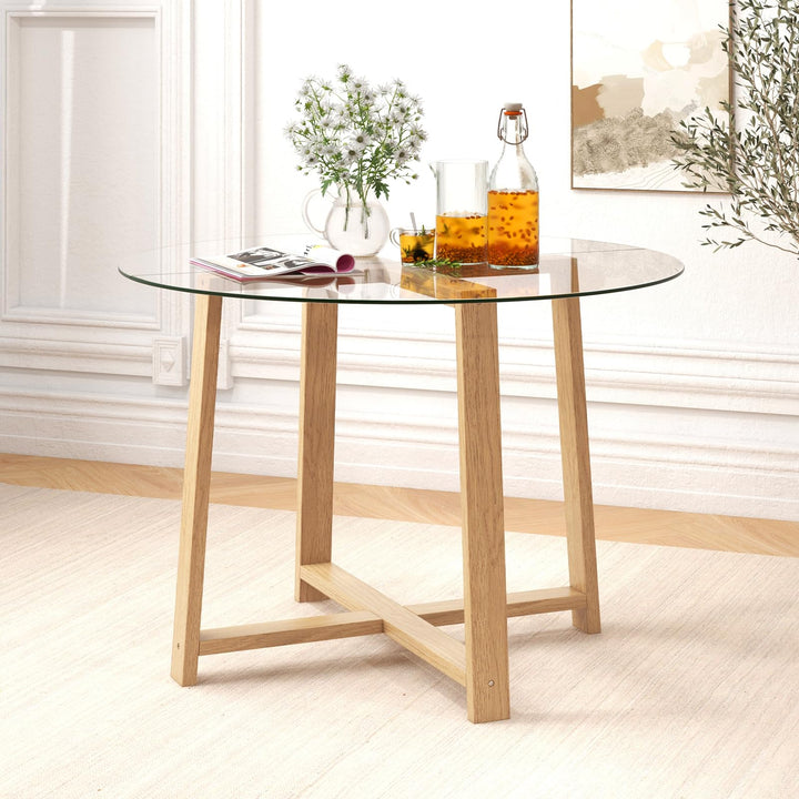 Giantex 42” Round Dining Table for 4, Kitchen Table with 0.3” Tempered Glass Tabletop, Rubber Wood Legs