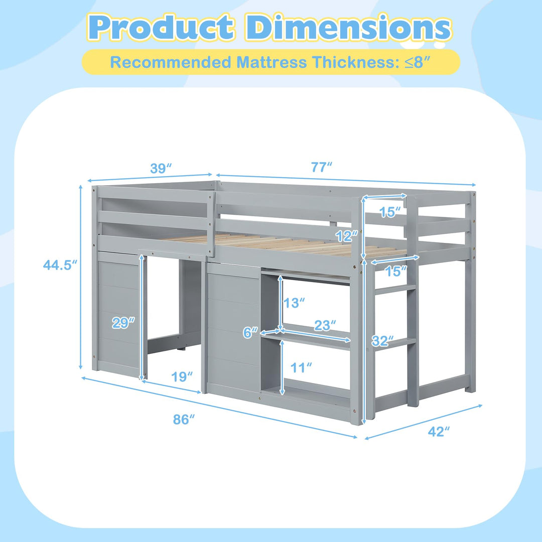 Giantex Wooden Low Kids Loft Bed with  LED Lights and 2 Doors