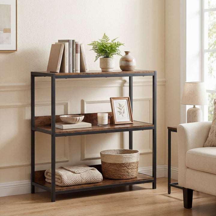 Giantex Industrial 3-Tier Small Bookshelf with Wooden Shelves and Metal Frame