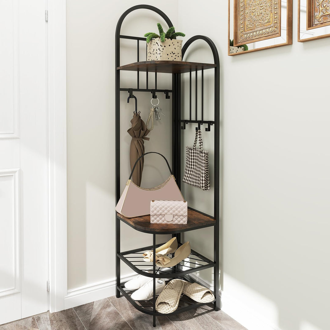 Giantex Corner Hall Tree, 71" Corner Coat Rack w/Shoe Storage Bench, 6 Removable Hooks, 4-Tier Entryway Shoes Shelf Organizer
