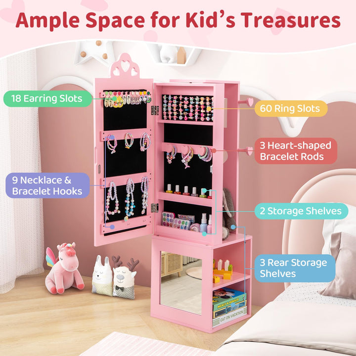 CHARMAID Kids Mirror Jewelry Cabinet - 47" Standing Jewelry Armoire with Full Length Mirror