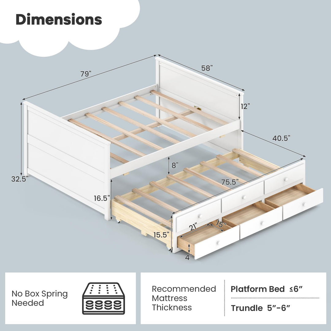 Giantex Full Size Bed Frame with Twin Trundle & 3 Storage Drawers