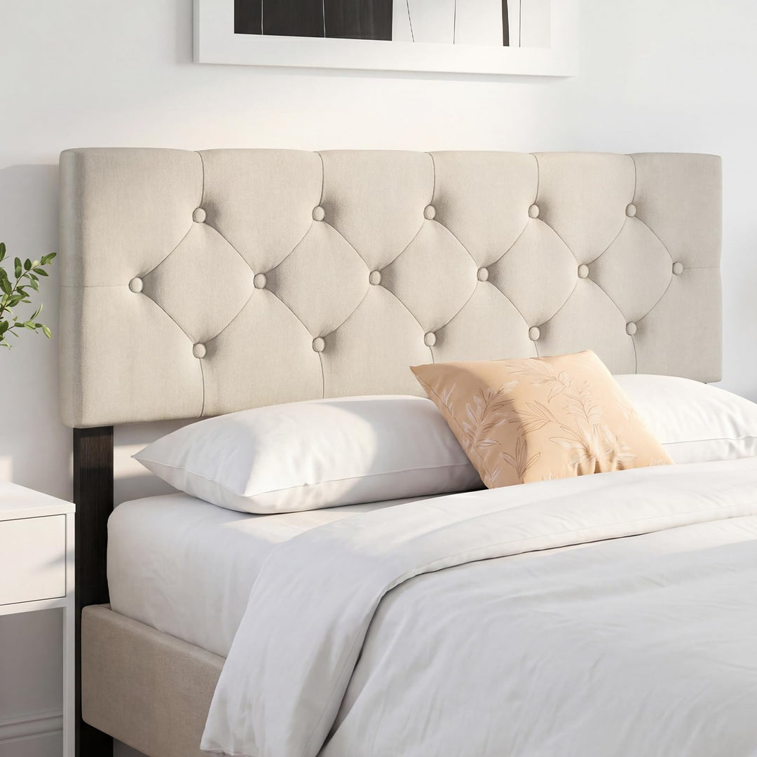 Giantex Queen/Full Size Button Tufted Linen Fabric Head Board with Wood Support Legs