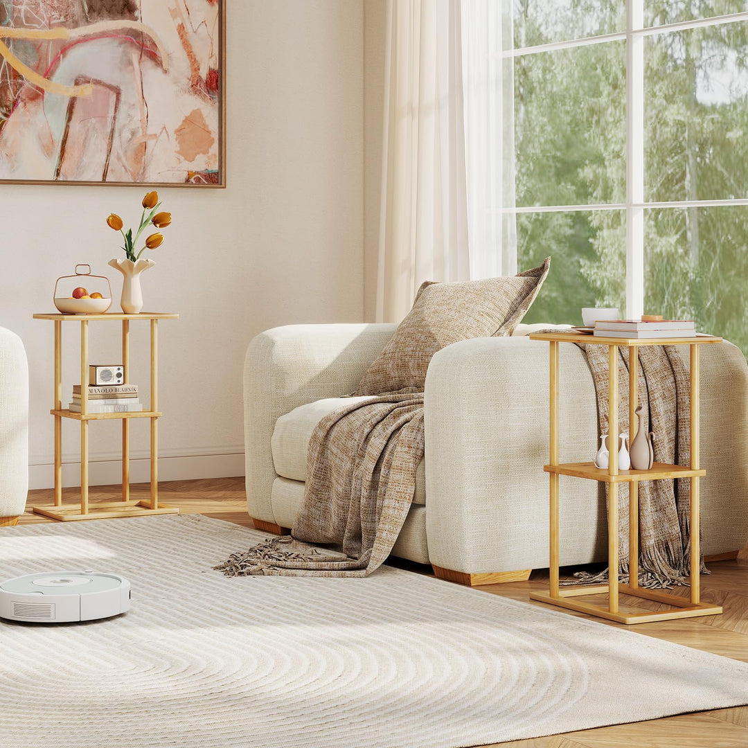 Giantex 2 Pieces Bamboo Side Table with Storage Shelves