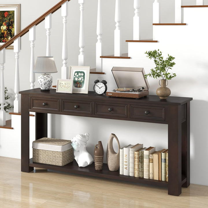 Giantex 63" Farmhouse Entryway Table, Narrow Console Table w/ 4 Storage Drawers & Open Shelf