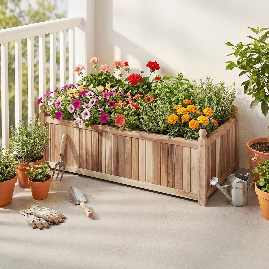 Giantex Wooden Raised Garden Bed Natural Acacia Wood Rectangular Planter Box with Liner
