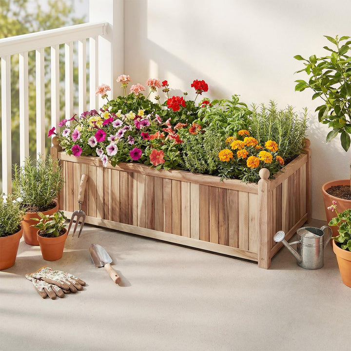 Giantex Wooden Raised Garden Bed Natural Acacia Wood Rectangular Planter Box with Liner