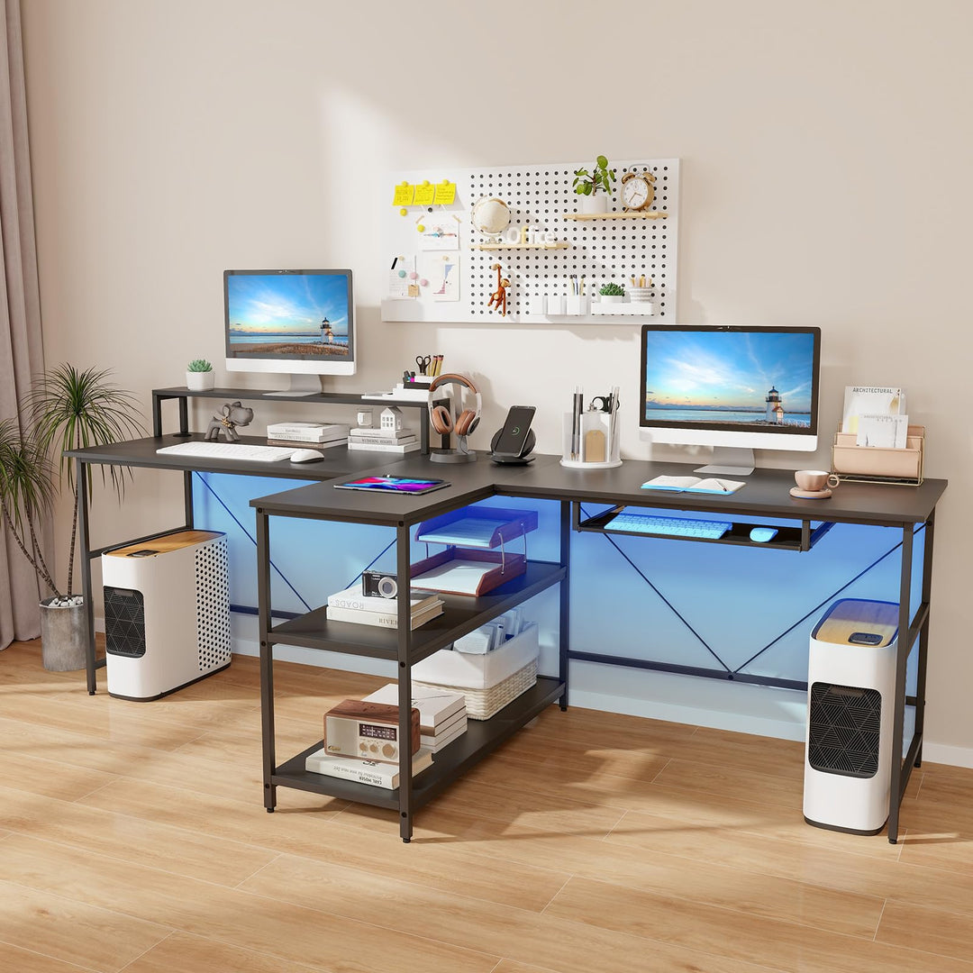 Giantex 94.5” 2 Person Desk with LED Lights, Long PC Study Desk with Storage Shelves, Power Outlets