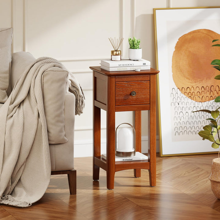 Giantex Narrow End Table with Drawer 23.5" H Side Table w/Open Storage Shelf & Solid Wood Frame