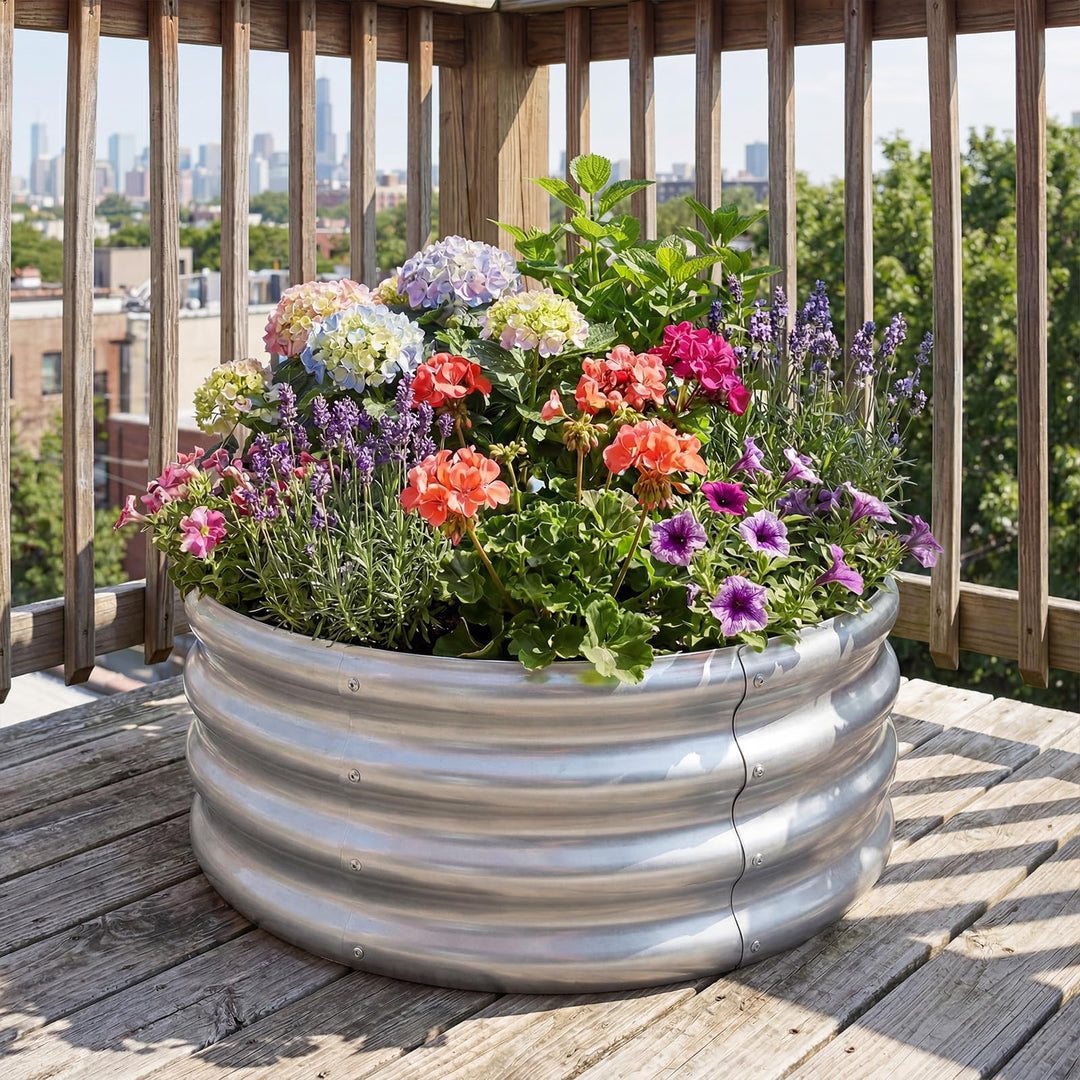 Giantex Galvanized 2 x 2 x 1 FT Round Outdoor Planter Box with Open-Ended Base (1/2)