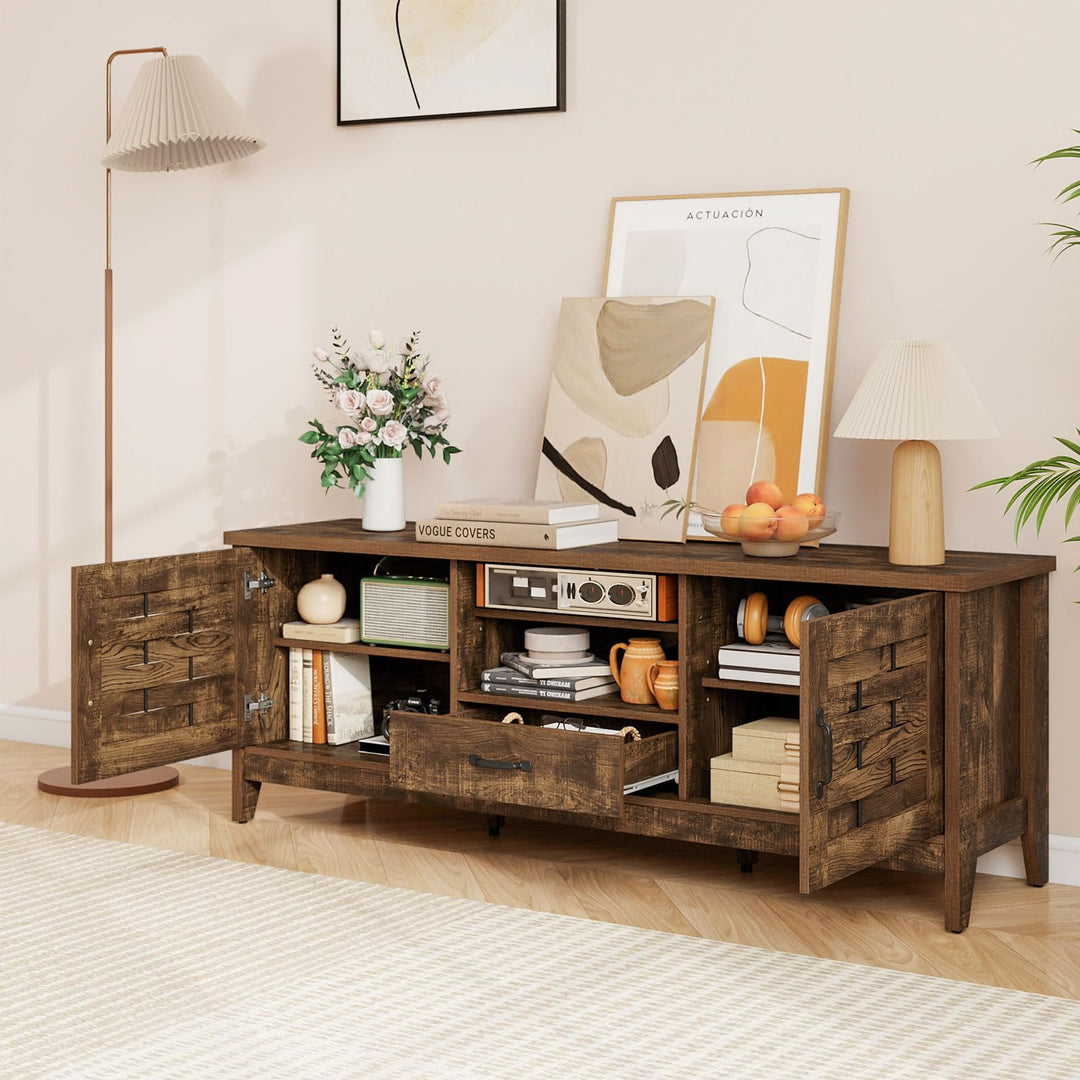 Giantex Farmhouse TV Stand for 65 Inch TVs 59" Wood Entertainment Center with 2 Woven Accent Doors