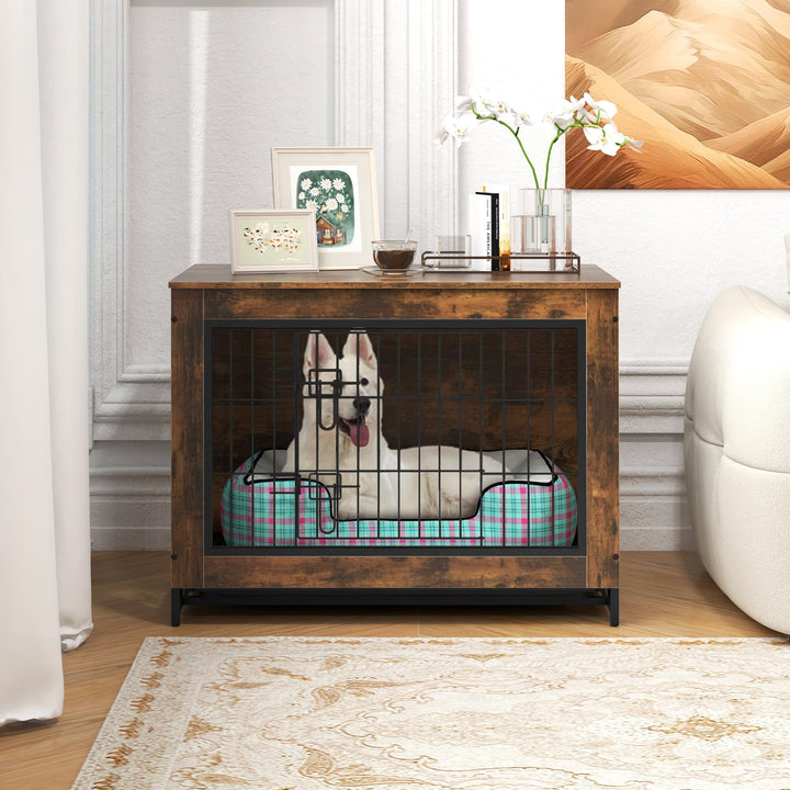 Giantex Dog Crate Furniture - Dog Kennel Side Table with Double Doors & Removable Pull-Out Tray