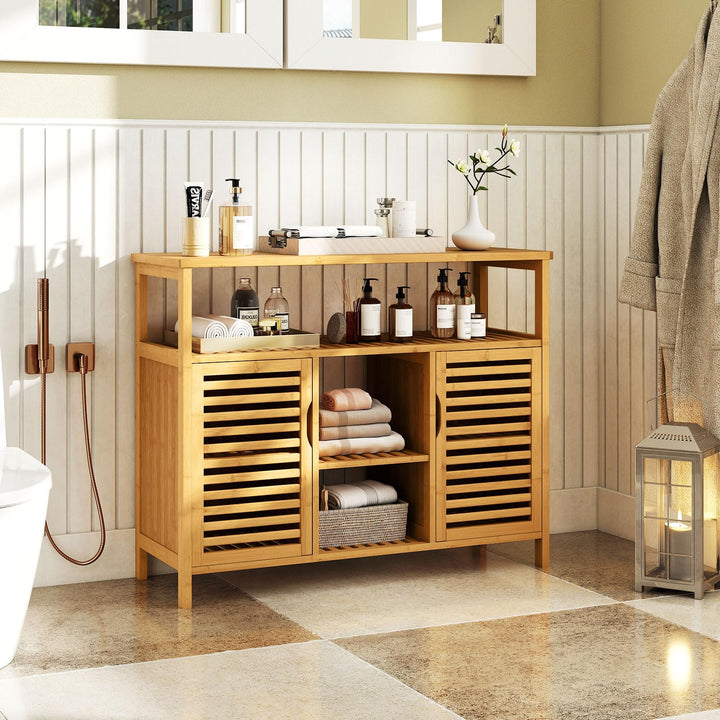 Giantex Bamboo Bathroom Storage Cabinet 2-Door Storage Organizer with Shelves