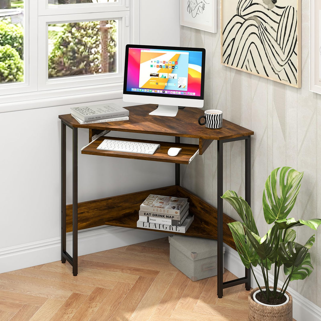 Giantex Corner Desk with Power Outlets, Small Corner Computer Desk w/ Keyboard Tray & Storage Shelf