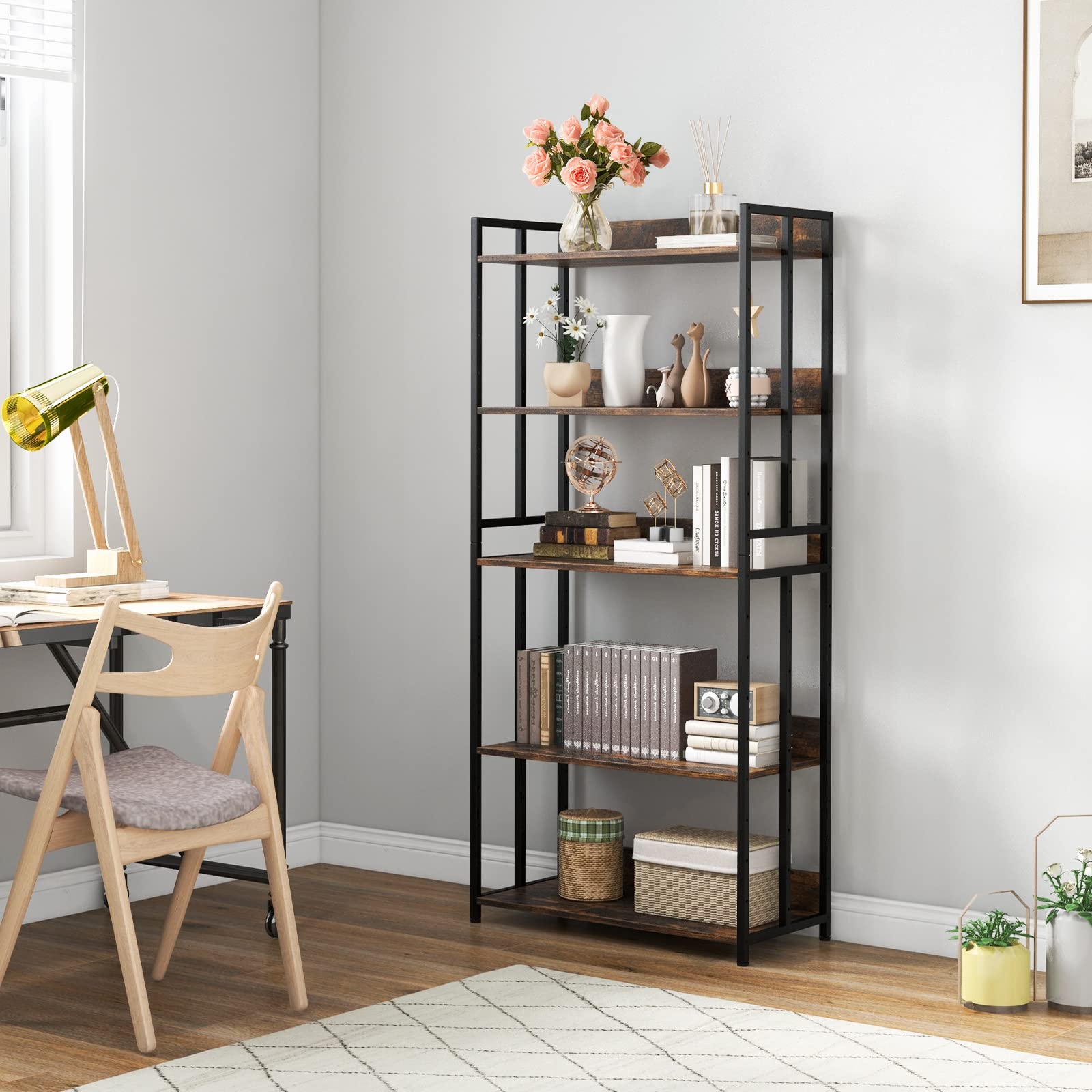 Giantex 5-Tier Industrial Bookshelf Rustic Brown - Metal Frame 61" Tall