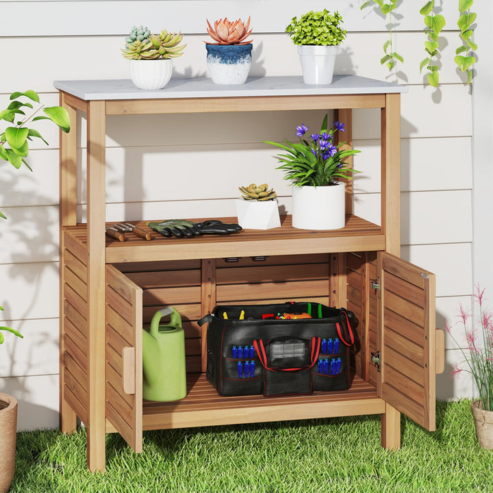 Giantex Outdoor Potting Bench with 2 Door Storage Cabinet