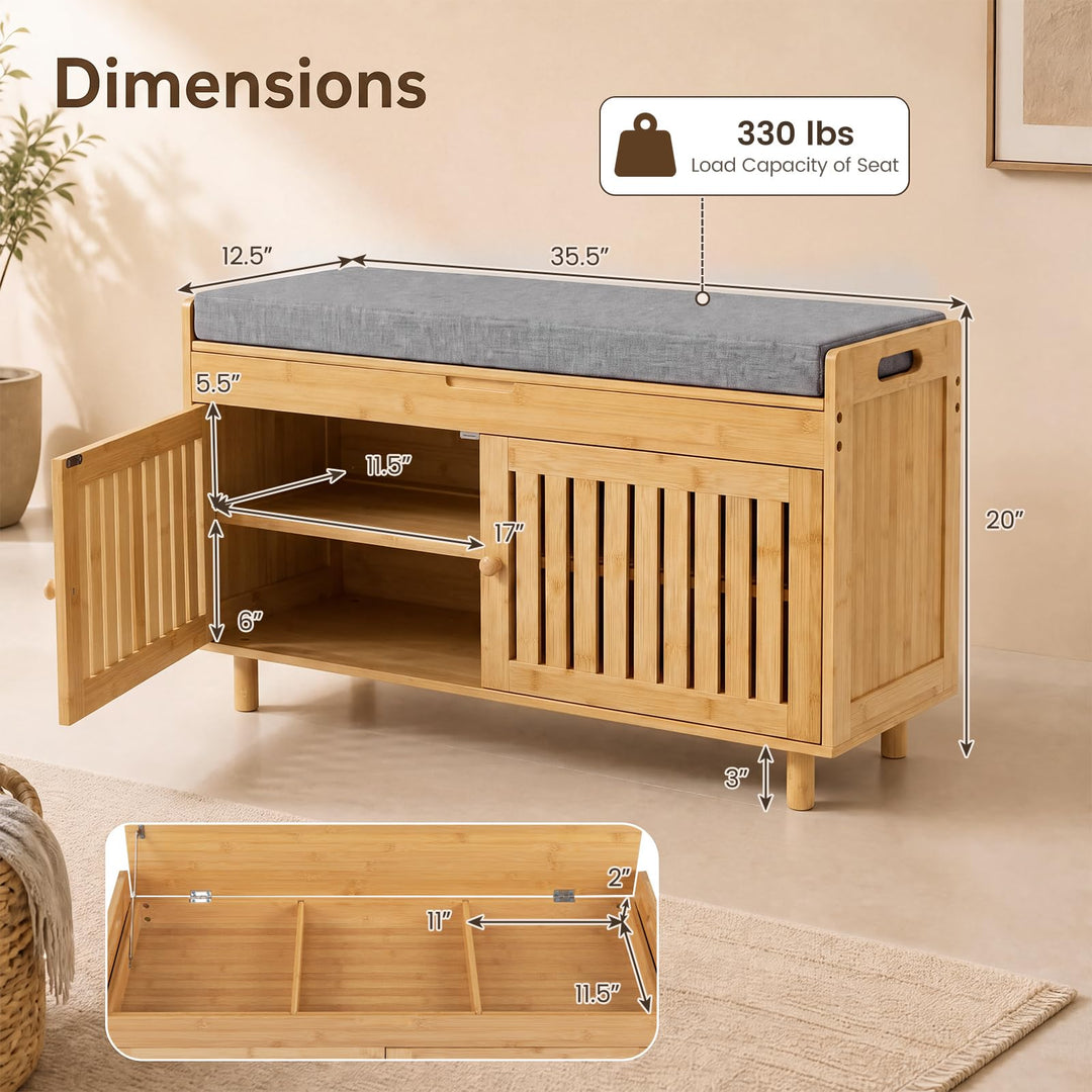GIANTEX 36" Bamboo Shoe Storage Bench with Lift Top &amp; Cushion