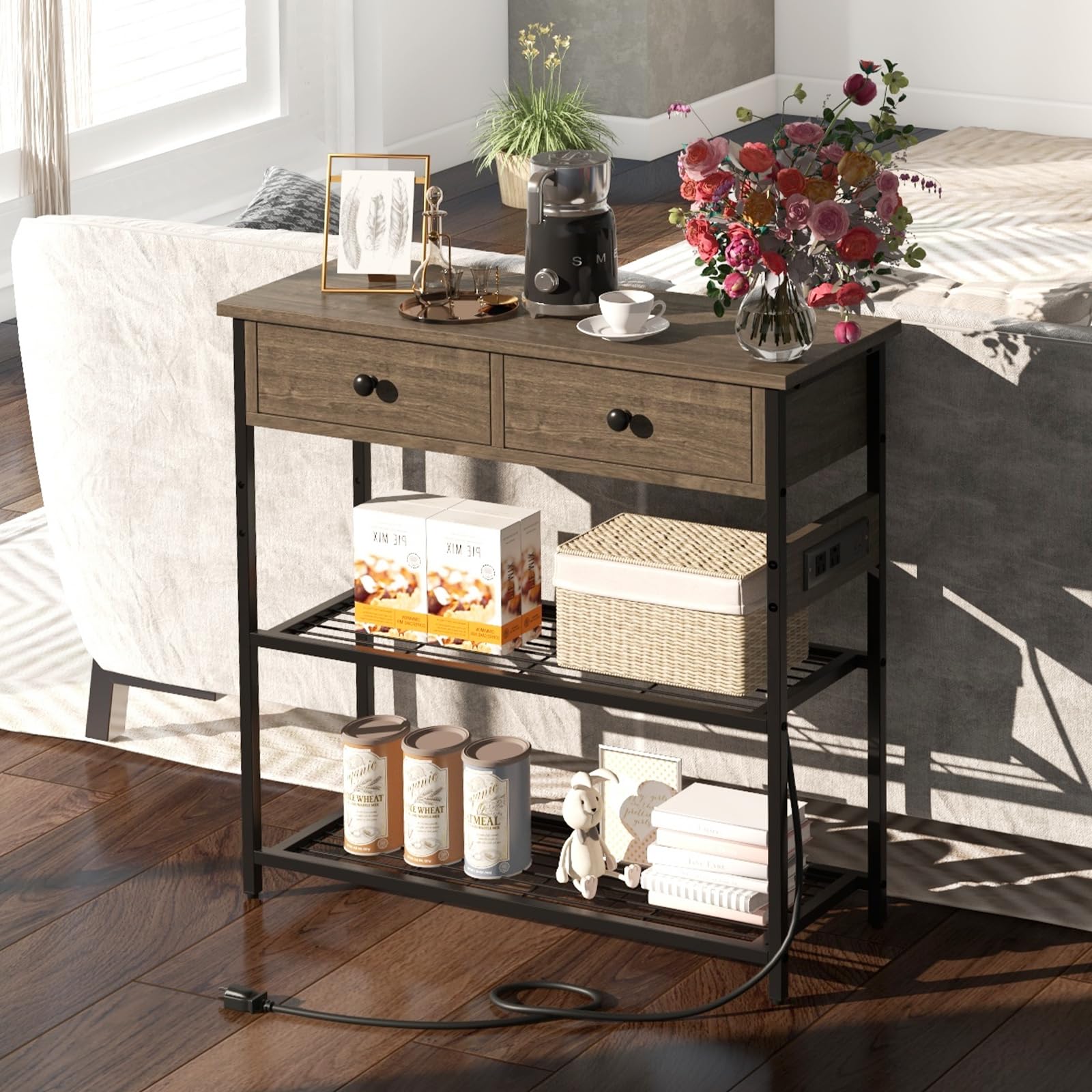 Giantex Console Table with Outlets - 3-Tier Entryway Table w/USB Ports, 2 Storage Drawers