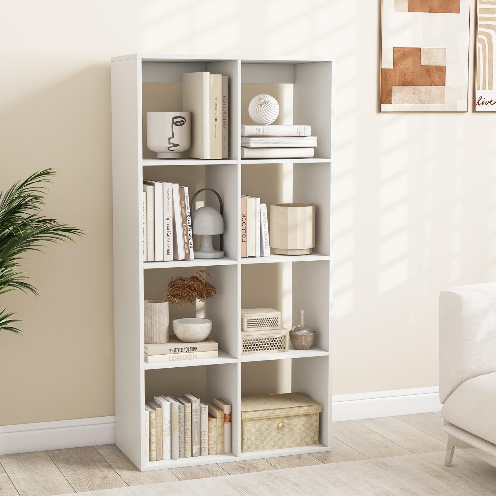 Giantex 8-Cube Bookcase, White Cubby Bookshelf w/Back Guardrail & Anti-Tipping Kits