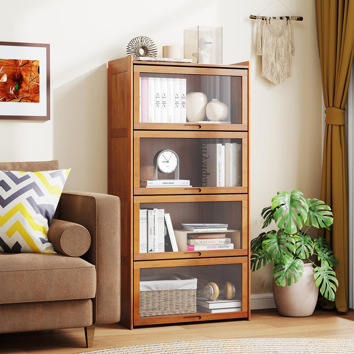 Giantex 4-Tier Bookcase with Clear Doors, 55" Bamboo Bookshelf with Flip-up Acrylic Doors, Freestanding Cube Storage Organizer with Shelves