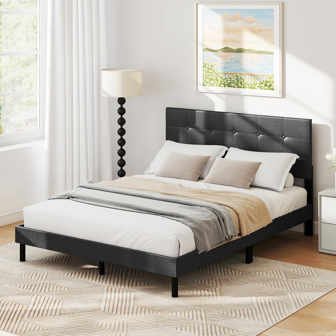 Giantex Queen Bed Frame Linen Upholstered Platform Bed with Button Tufted Headboard