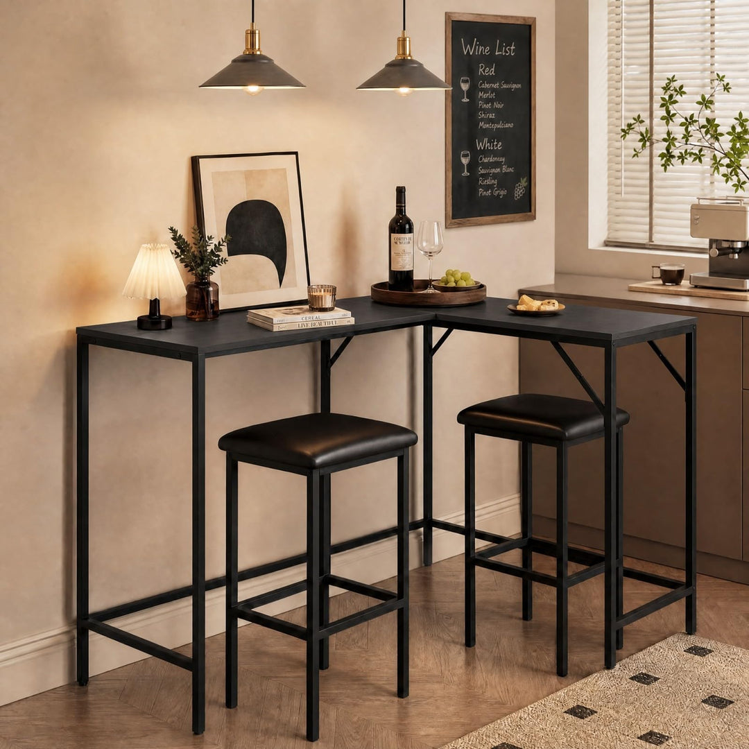 3-Piece Convertible L-Shaped Kitchen Table Chair Set with 2 AC Outlets  USB Port and Type-C Port