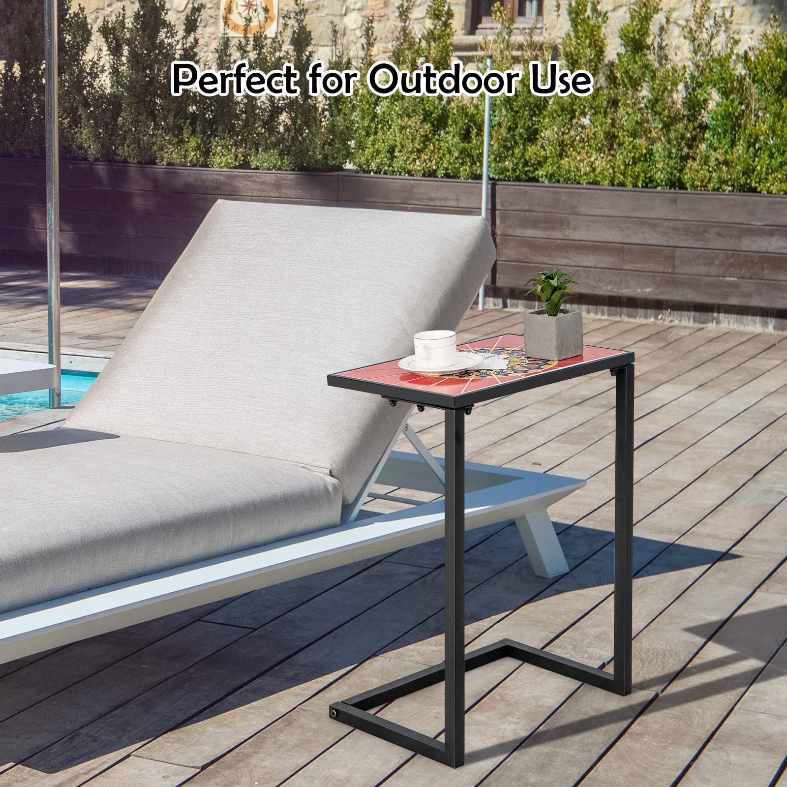 Giantex C-Shaped Outdoor Side Table - Patio End Table w/Ceramic Top & Metal Frame