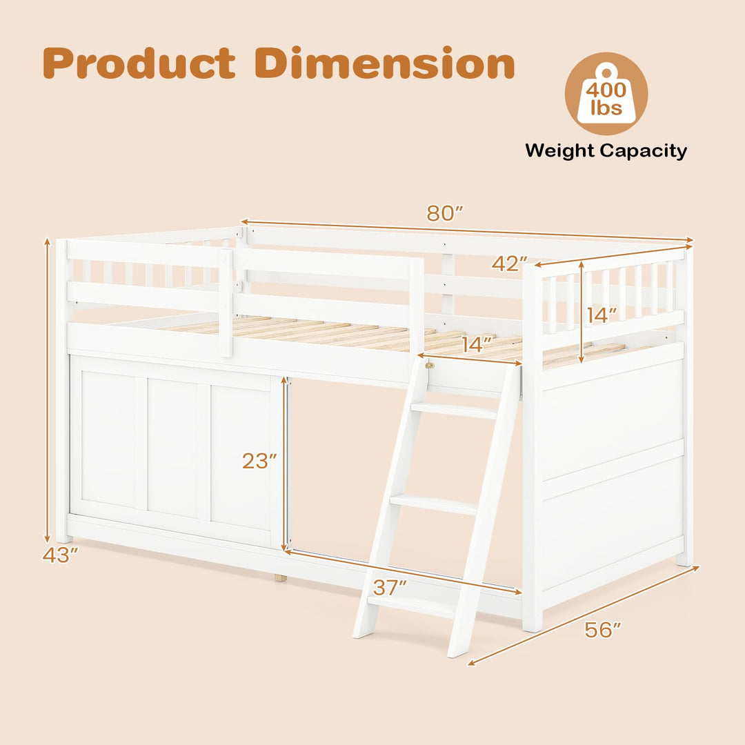 GIANTEX Wooden Low Loft Bed Twin Size with Sliding Door
