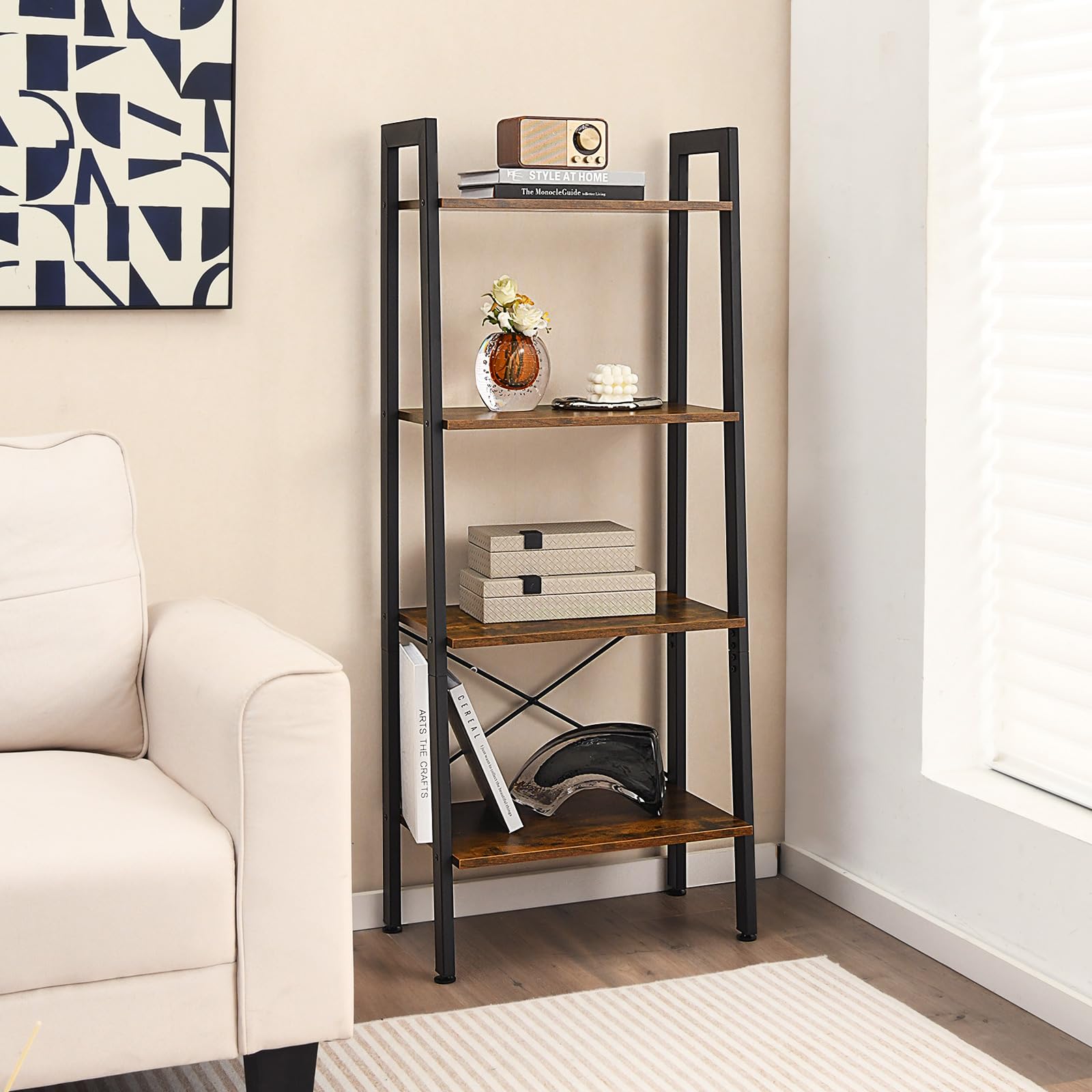 Giantex Industrial 4-Tier Bookshelf, Ladder Bookshelf with Metal Frame, Anti-Tipping Kits