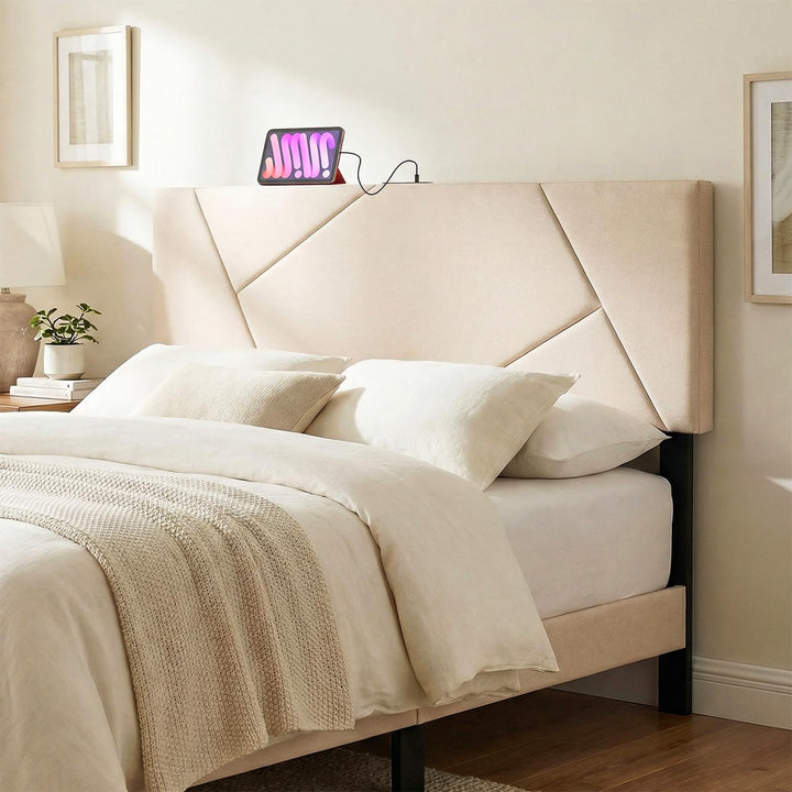 Giantex Geometric Upholstered Head Board with 2 AC Outlets for Queen and Full Size Bed