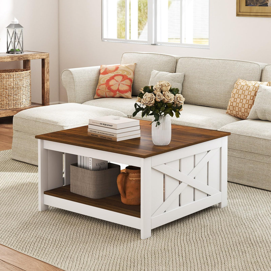 Giantex Farmhouse Coffee Table 31 Inch Square Wood Coffee Table with Storage Shelf