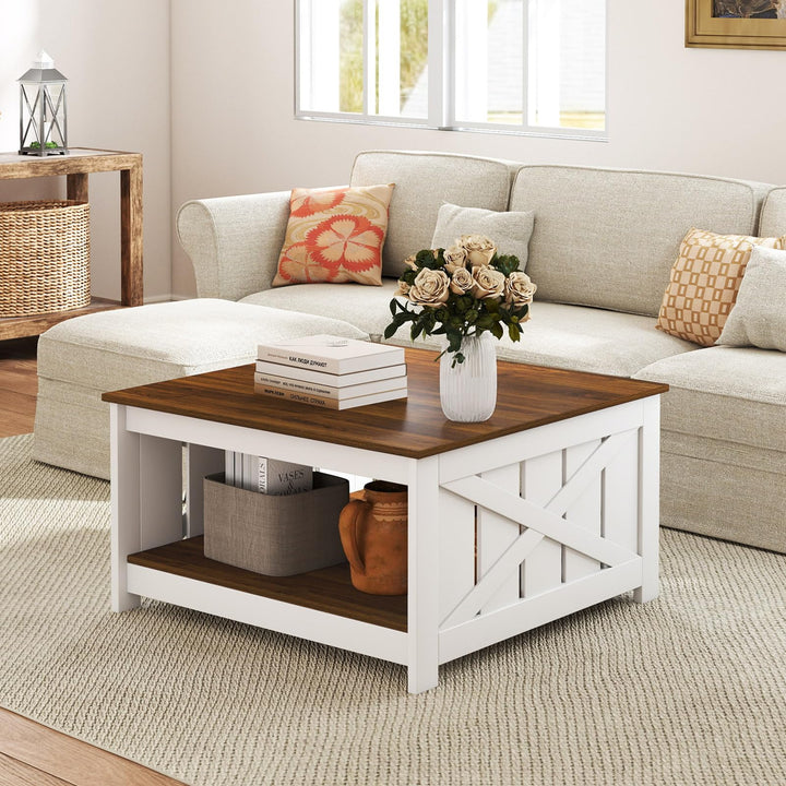 Giantex Farmhouse Coffee Table 31 Inch Square Wood Coffee Table with Storage Shelf